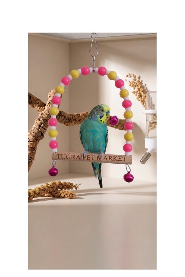 Tuğra Pet M. Handmade Bird Swing with Wooden Perch and Toy Budgie Swing with Bell
