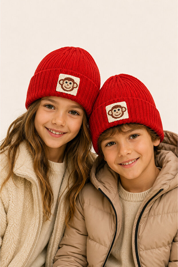 Red Wool Beret Monkey Punclı Christmas Beret Gift