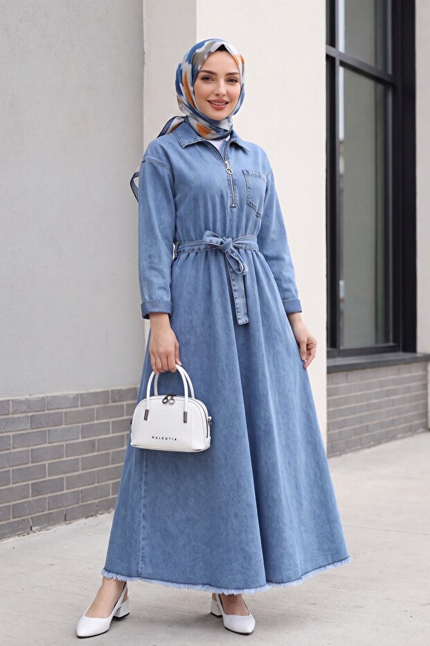 Half-Zipper Waist Tie Pocketed Denim Dress - Ice Blue