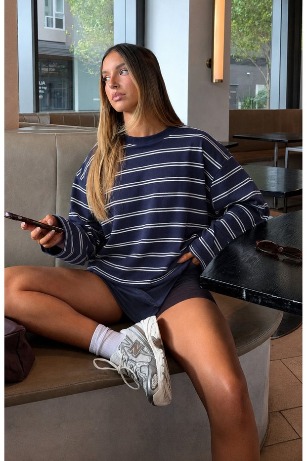Women's Navy Blue Ecru Striped Loose Cut Long Sleeve T-Shirt Rb006