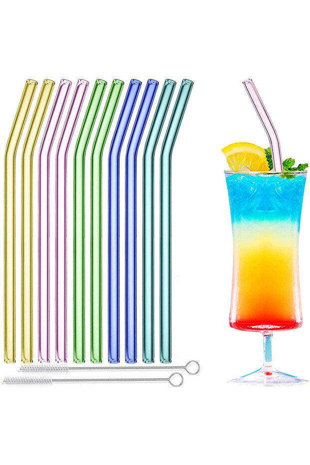 mix color-bent Glass Straw 10pcs Pink Bent Glass Straw Set 8'' 200mm Long Reusable Straws with Clean