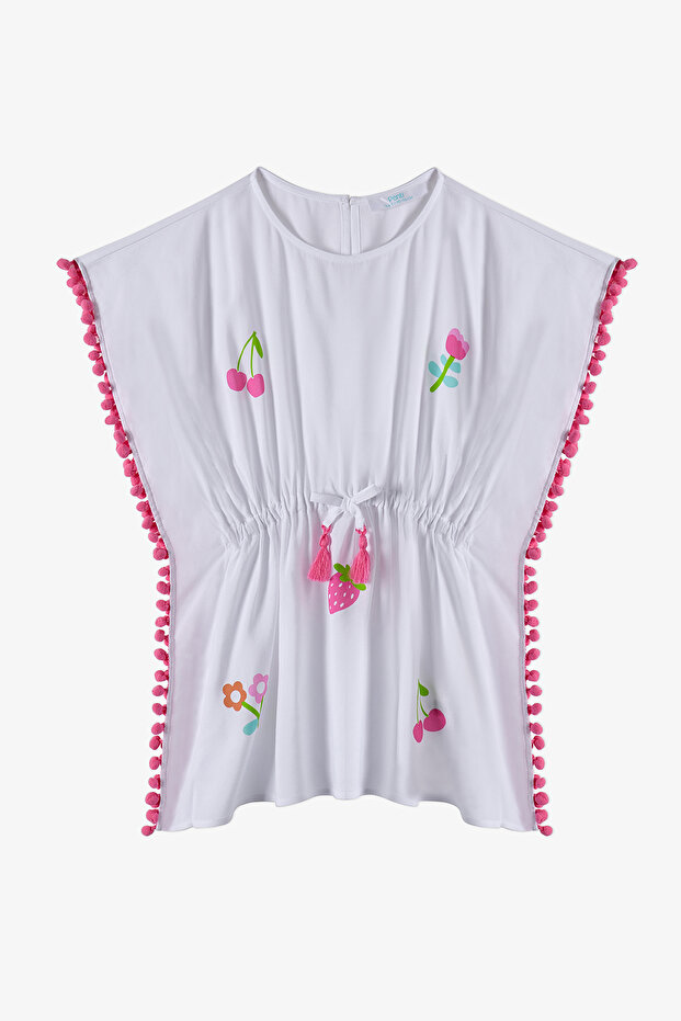Girl's White Fruit Patterned Pompom Kaftan