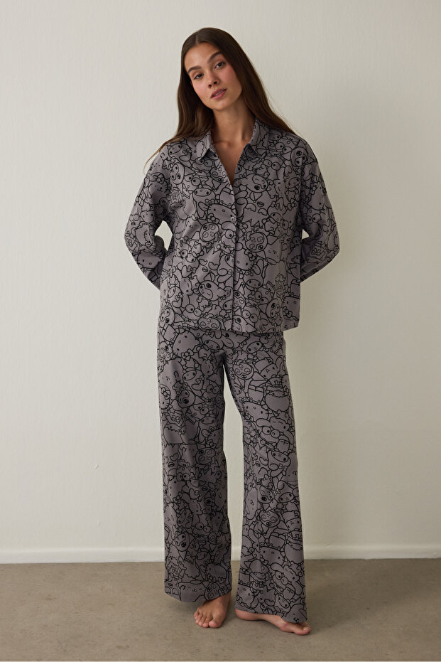 Gray Kuromi Printed Long Sleeve Cotton Oversized Shirt Pajama Set