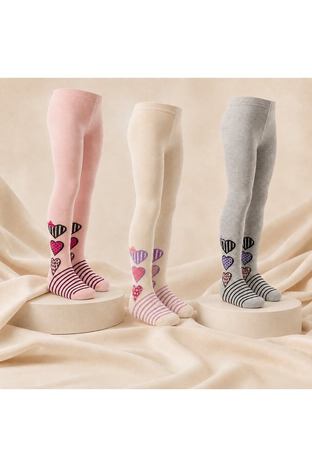 80% Cotton 3-Piece Advantage Pack: Girls' Set of 3 Heart Patterned Cotton Pantyhose