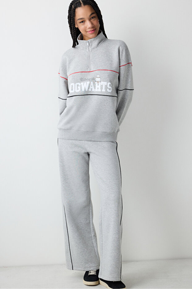 Gray Melange Half Zipper Harry Potter Printed Sweatshirt