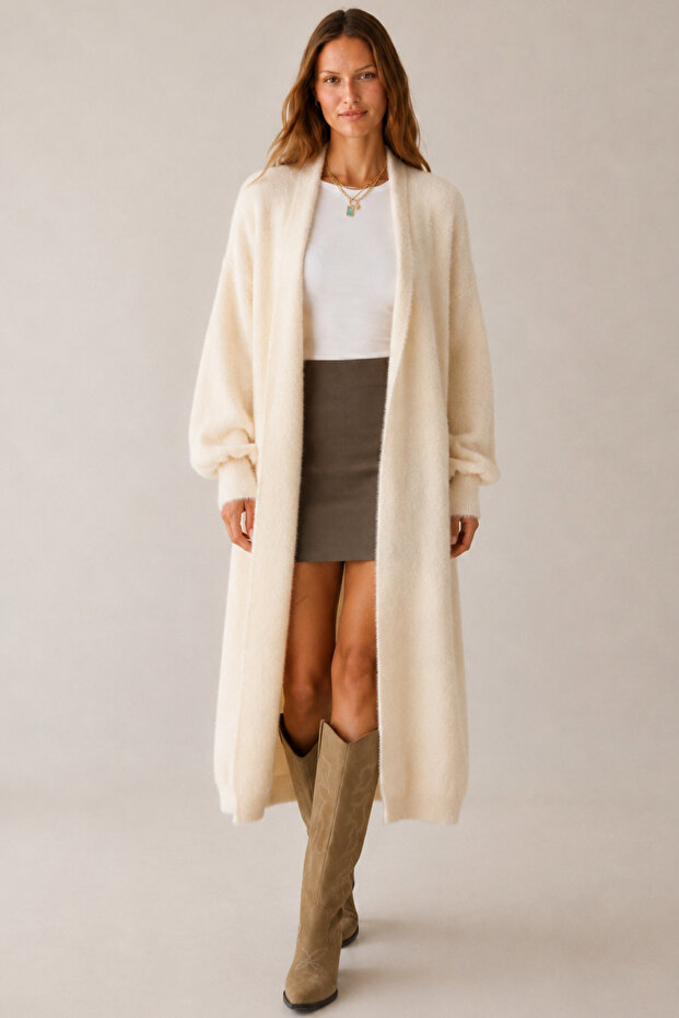 Women's Cream Shawl Collar Textured Balloon Sleeve Long Loose Cardigan