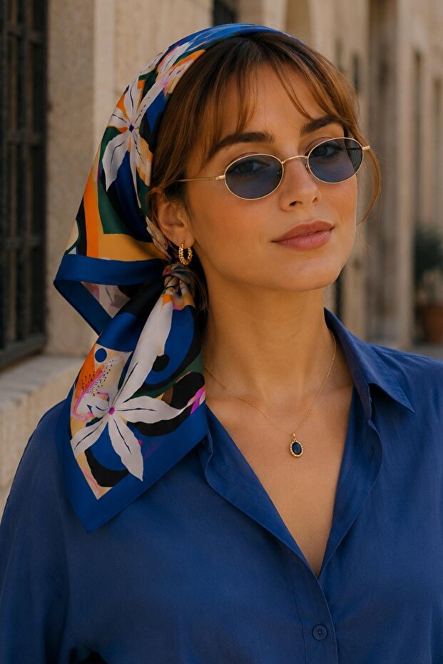 Abstract Floral Pattern Cobalt Blue-Orange Soft Bandana Scarf 50X50 cm