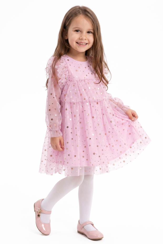 Girl's Pink Gold Star Patterned Tulle Piece Dress