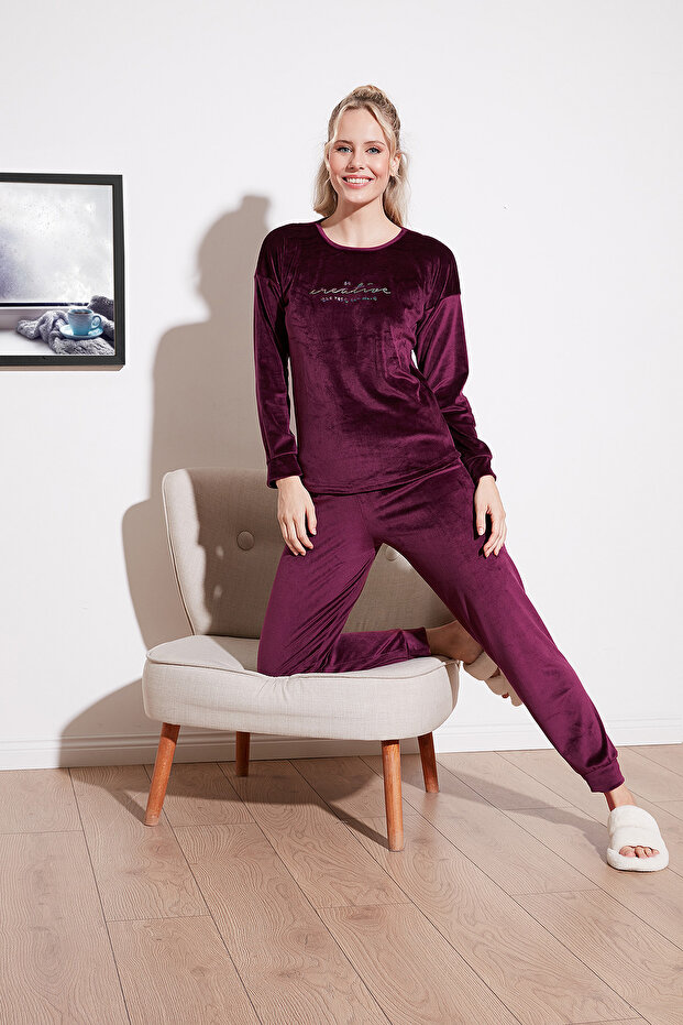 Regular Fit Soft Textured Velvet Pajama Set Women's Pajama Set 6094200W4