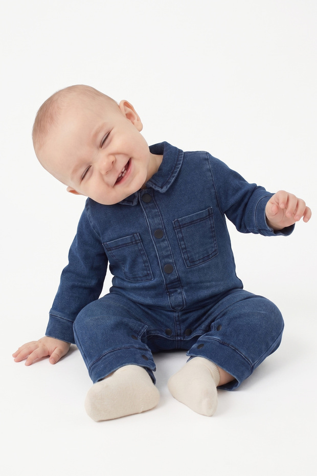 Baby Boy Blue Collared Denim Overalls with Pocketed Snaps