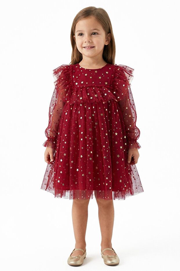 Girl's Red Gold Star Patterned Tulle Piece Dress