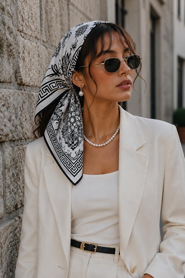 Bee Flower Pattern Cream-Black Soft Bandana Scarf 50X50 cm