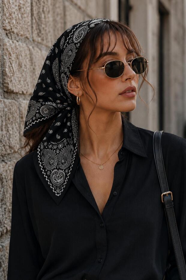 Paisley Pattern Black-Silver Soft Bandana Scarf 50X50 cm