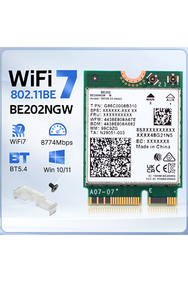 WiFi7 BE202 WiFi 7 for BE202 Network Card M.2 Bluetooth 5.4 2400Mbps Tri-Band 2.4G/5G/6GHz BE202NGW