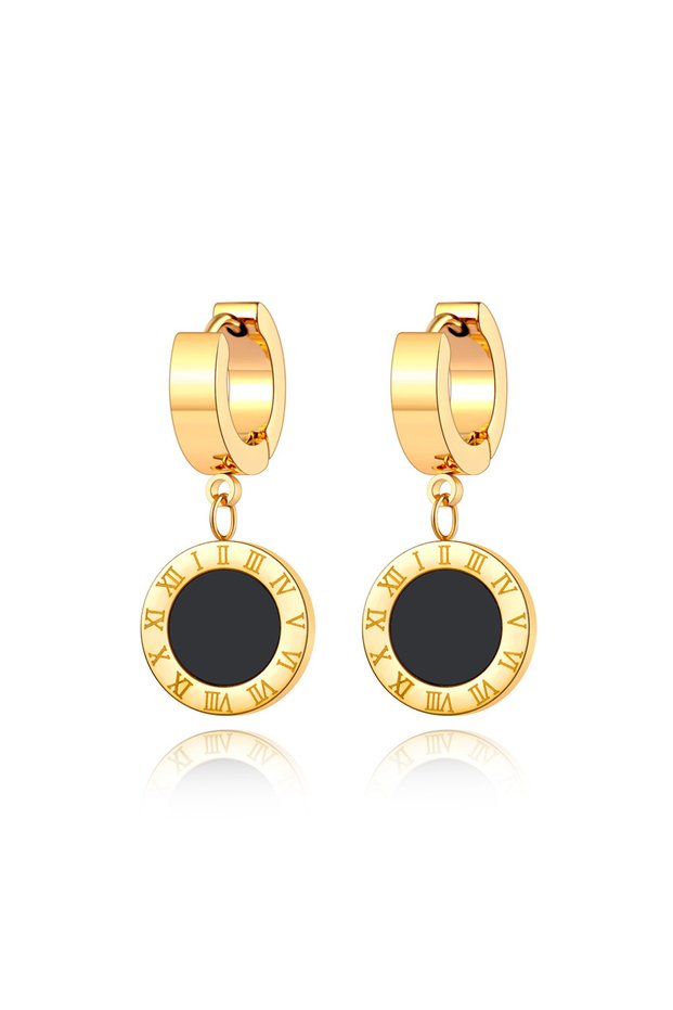 E18114G-Black JeeMango Black Shell Roman Numerals Circle Hoop Earrings Titanium Steel Engagement Wed