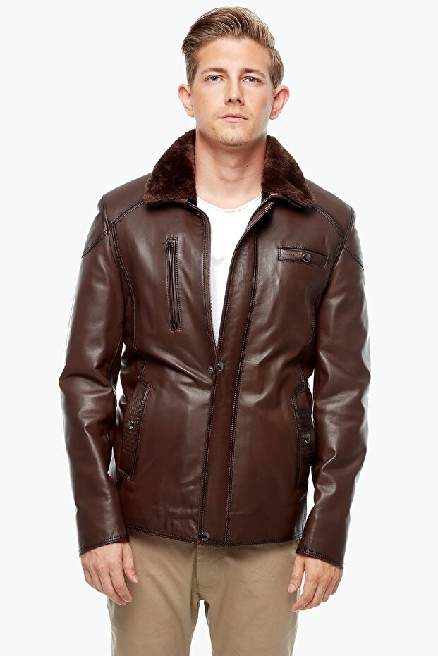 Genuine Leather Blackened Men's Coat with Fur Inside Chestnut