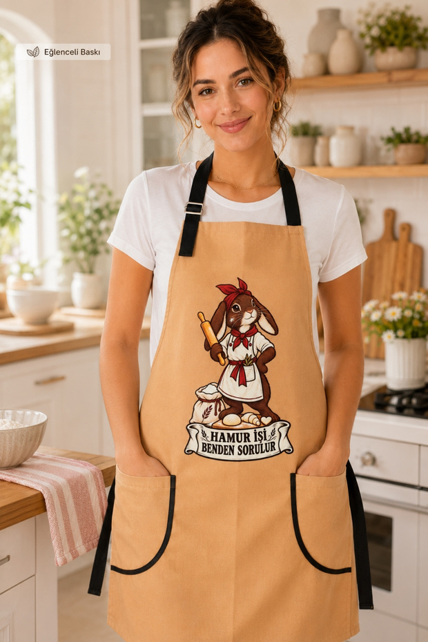 Women's Kitchen Apron with Rabbit Print, Water Repellent, Stain Resistant, Adjustable Straps, 2 Pockets