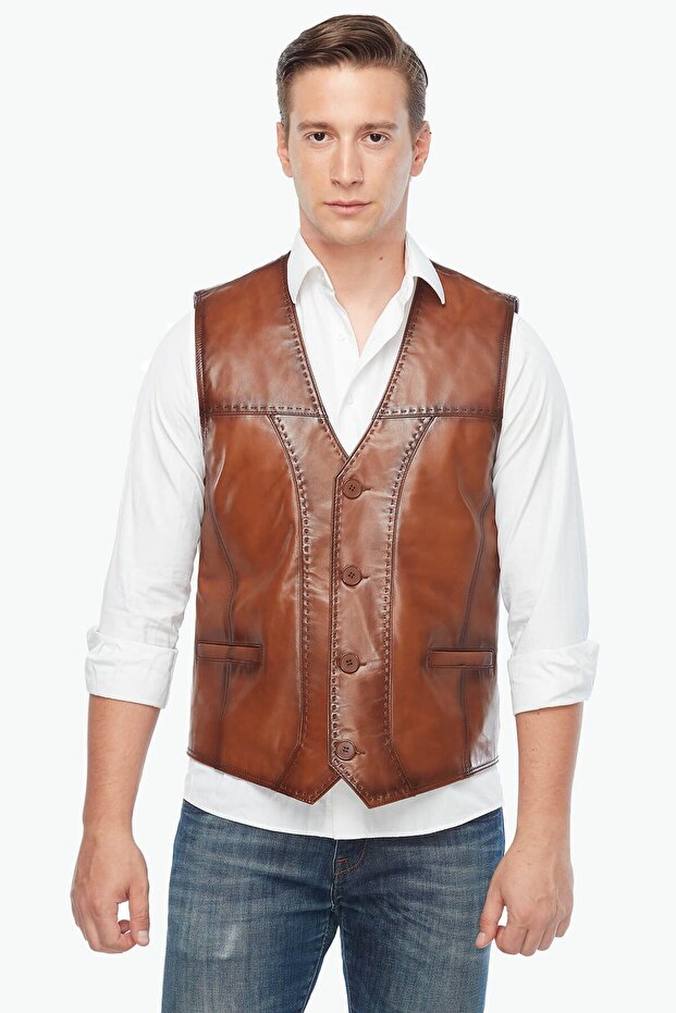 Genuine Lambskin Men's Vest with Points, Tan