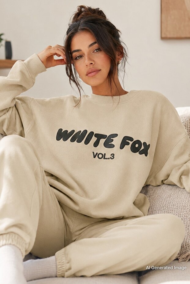 Beige Crew Neck Printed Sweatshirt MG1904
