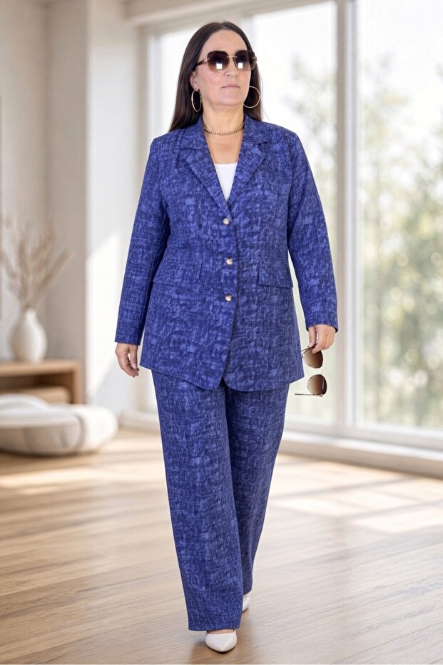 Buttoned Hidden Pocket Detail Jacket with Elastic Waist and Pockets Pocketed Lon Large Size Cotton Cotton Set