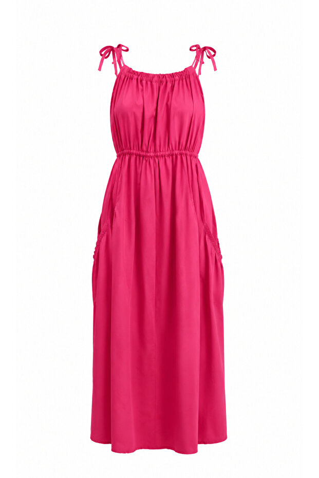 Fuchsia Strappy Gathered Casual Dress