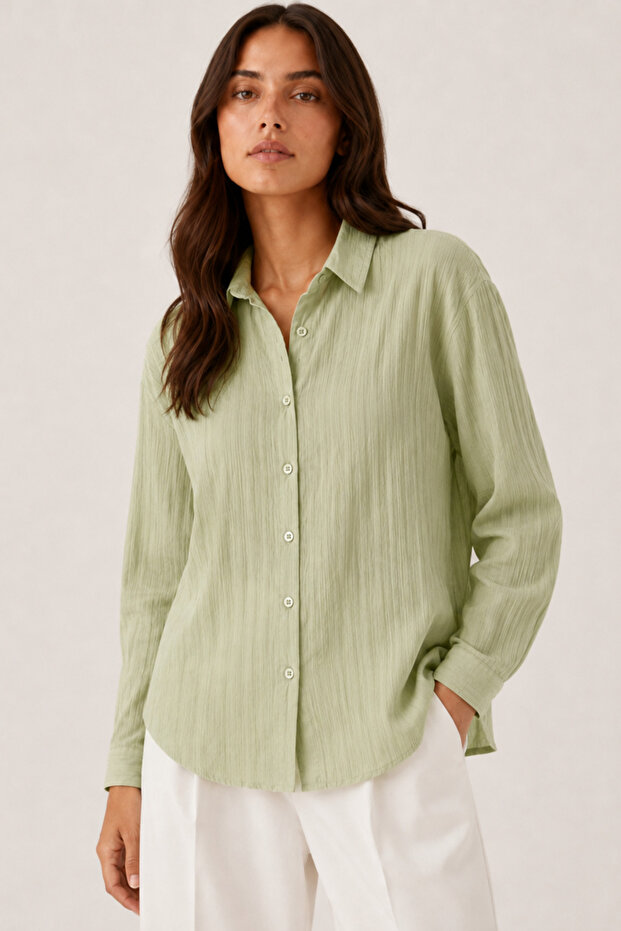 Women's Pistachio Green Textured Fabric with Buttons on the Front, Slightly Transparent -Stylish-