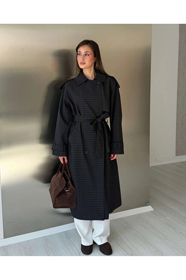 Navy Blue Long Plaid Patterned Trench Coat - 9738