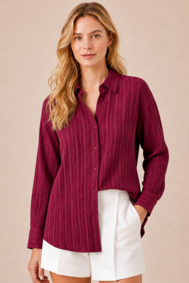 Women's Burgundy Textured Fabric with Buttons on the Front, Slightly Transparent - Stylish -