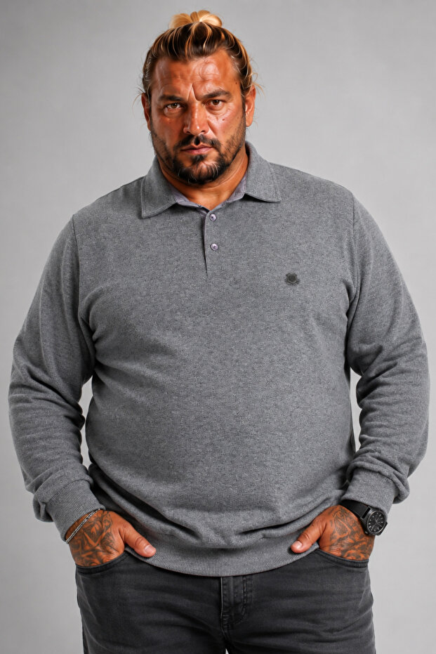 Men's Plus Size Polo Neck Sweat Feel Good 24408 Anthracite Melange