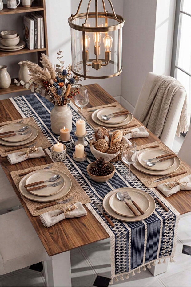 Tasseled Navy Blue Knitted Runner 35X145 cm Cotton Lace Tablecloth Living Room and Console Runner