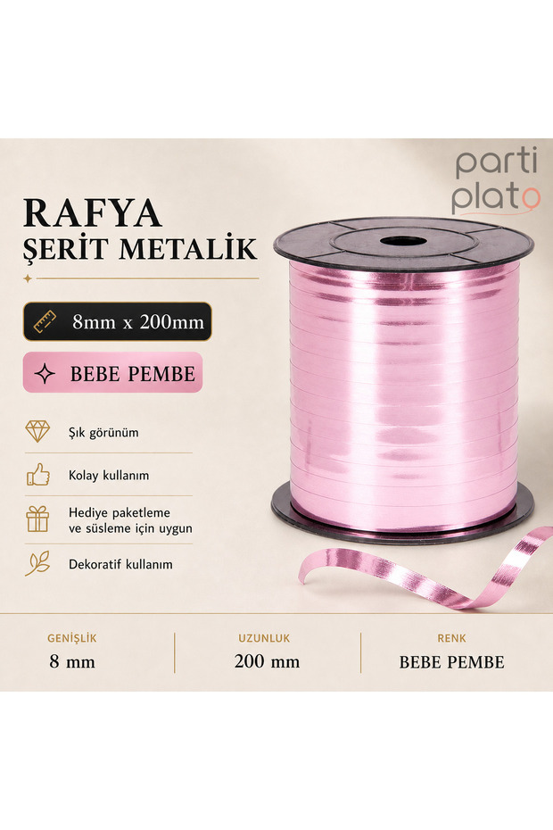 Metallic Raffia Ribbon Balloon and Gift Tie Rope 8mm X 200 Meters (Baby Pink)