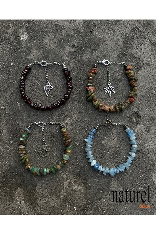 Original Aquamarine, Garnet, Chrysoprase, Unakite Cracked Natural Stone Lady Bracelet