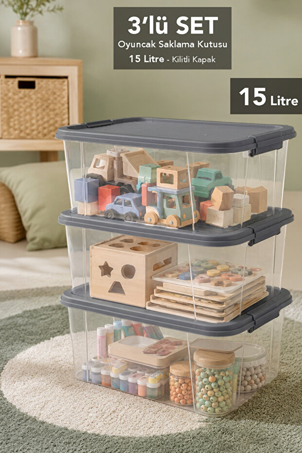 3-Piece Item Storage Organizer - Baby and Kids Room Toy Organizer with Locking Lid 15Lt Gray