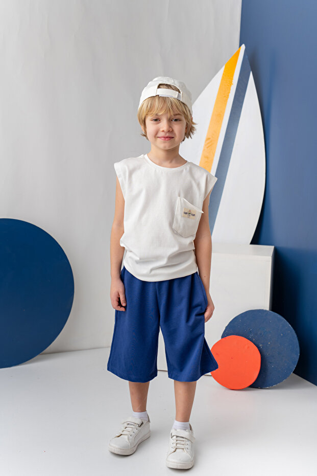 Boy's Printed Athlete Below Knee Shorts Set with Pockets - Ecru