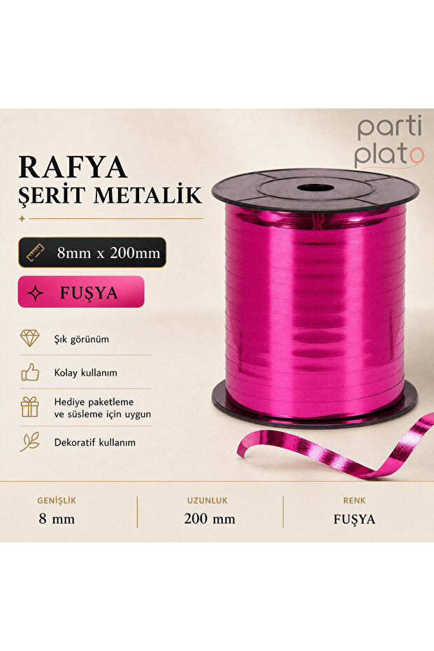 Metallic Raffia Ribbon Balloon and Gift Tie Rope 8mm X 200 Meters (Fuchsia)