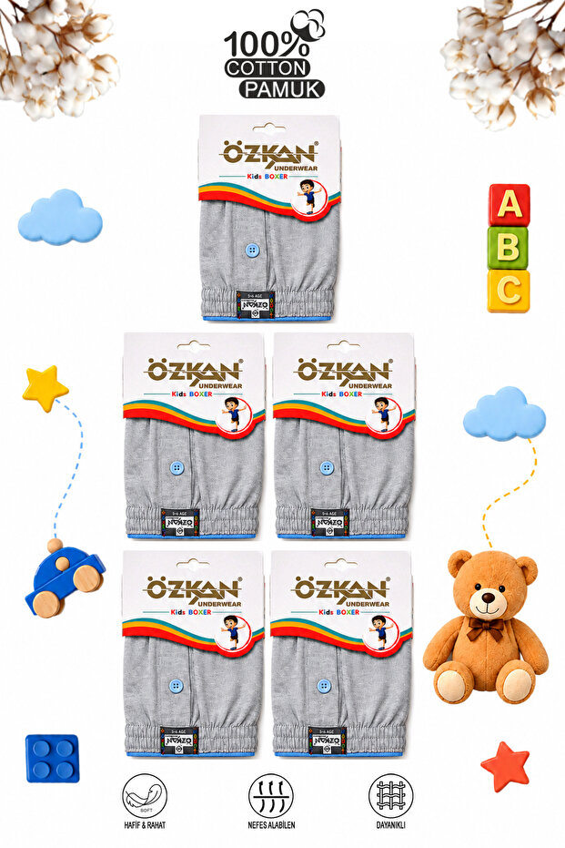 Özkan 31223 5-Pack Boys' 100% Cotton Premium Fabric Comfortable Classic Cut Single Jersey Combed Cotton Boxer