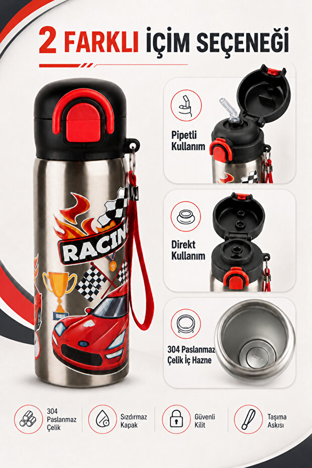 Siply 600 ml Patterned 304 Stainless Steel Children's Water Bottle with Double Drinking Mode and Lock Lid, Car Pattern