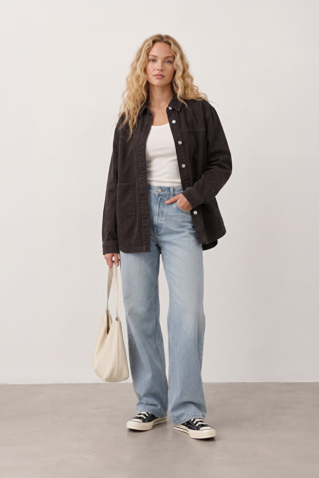Women's Shirt Collar Oversized Brown Jean Jacket