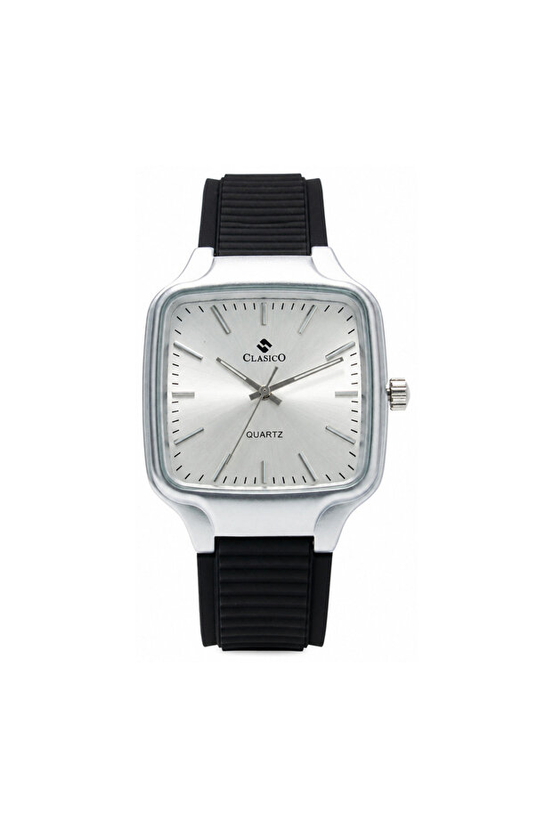 Sleek Men’s Analog Watch – Square Dial, Japanese Elite Y121 Quartz Movement, Silicone Strap & Stainless Steel Case Back – Silver Case