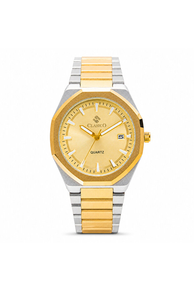 Legacy Men’s Analog Quartz Watch | Octagonal-Inspired Case, Date Display, Luminous-Style Hands & Integrated Metal Bracelet – Gold/Silver Case