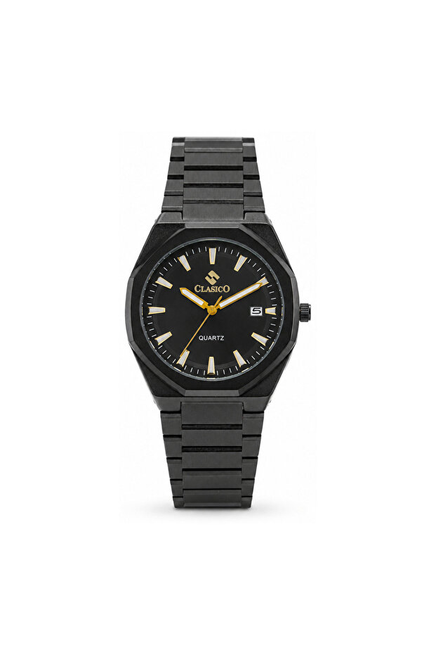 Legacy Men’s Analog Quartz Watch | Octagonal-Inspired Case, Date Display, Luminous-Style Hands & Integrated Metal Bracelet – Black Case