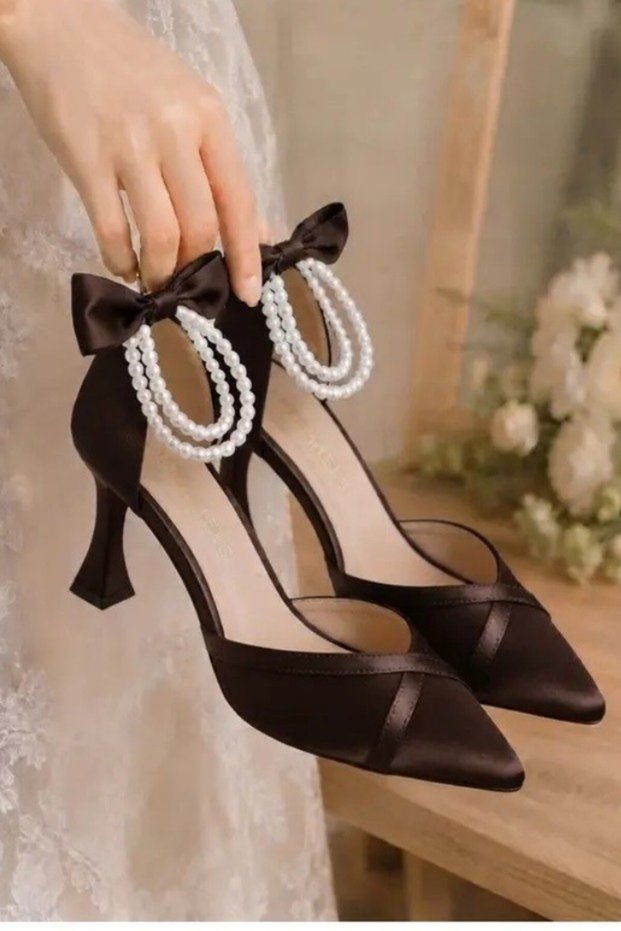 7 cm Heeled Shoes, Brown Color, Satin Evening Dress Shoes with Pearls and Helmet-Like Accessories