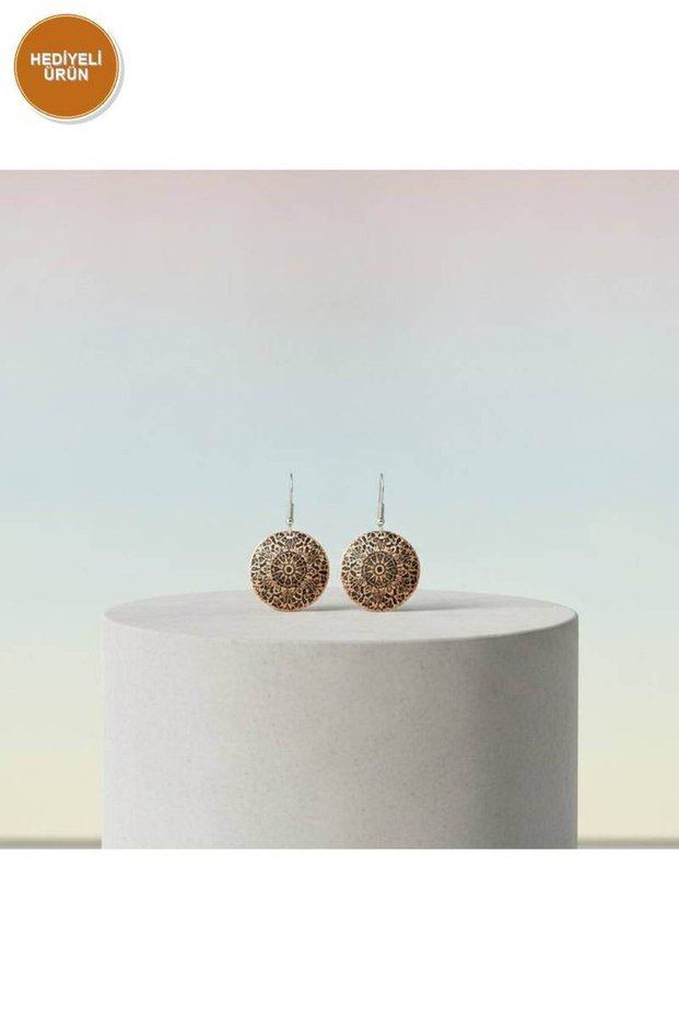 Copper Beige Geometric Patterned Dangle Earrings