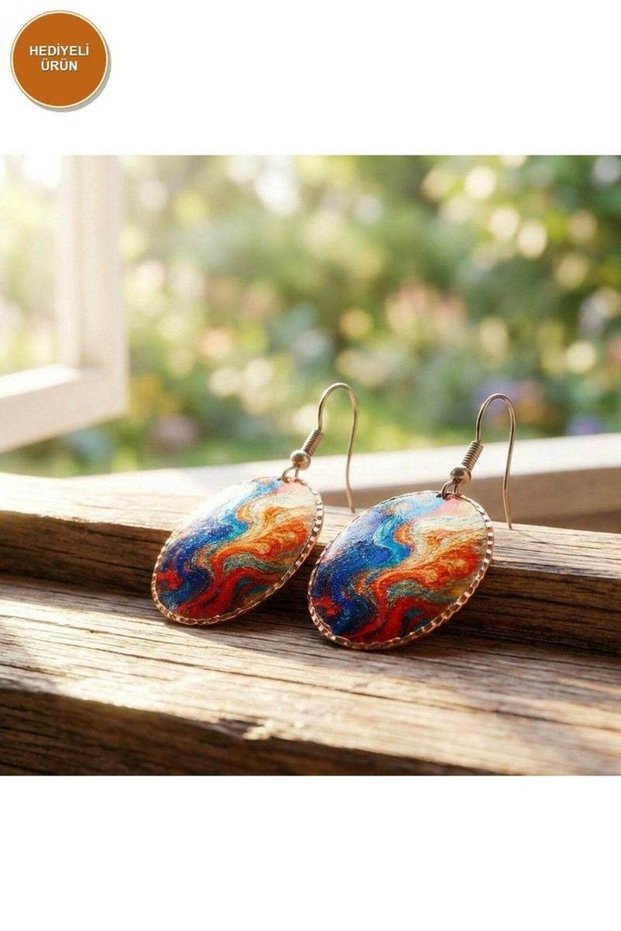 100% Handmade Copper |   Copper Blue Orange Wave Pattern Dangle Earrings |   100% Handmade Copper 181