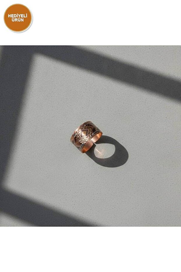 Copper Beige Brown Diamond Patterned Wide Form Adjustable Ring | 100% Handmade Copper