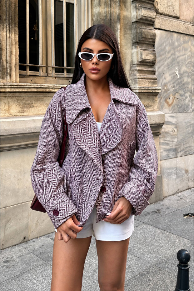 Women's Burgundy Herringbone Patterned Wide Collar Oversized Puffer Jacket
