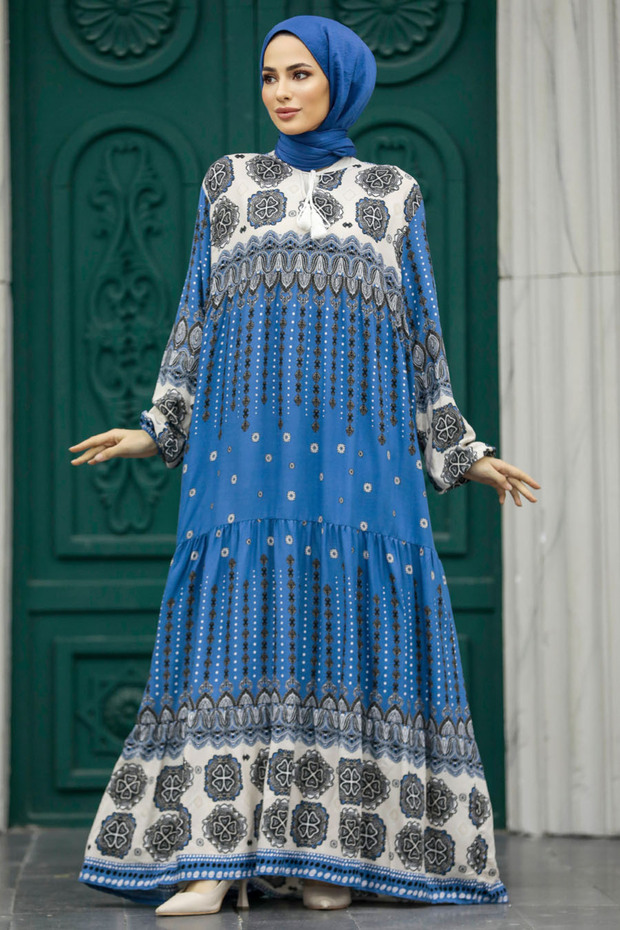 Patterned Indigo Blue Hijab Dress 50005Im