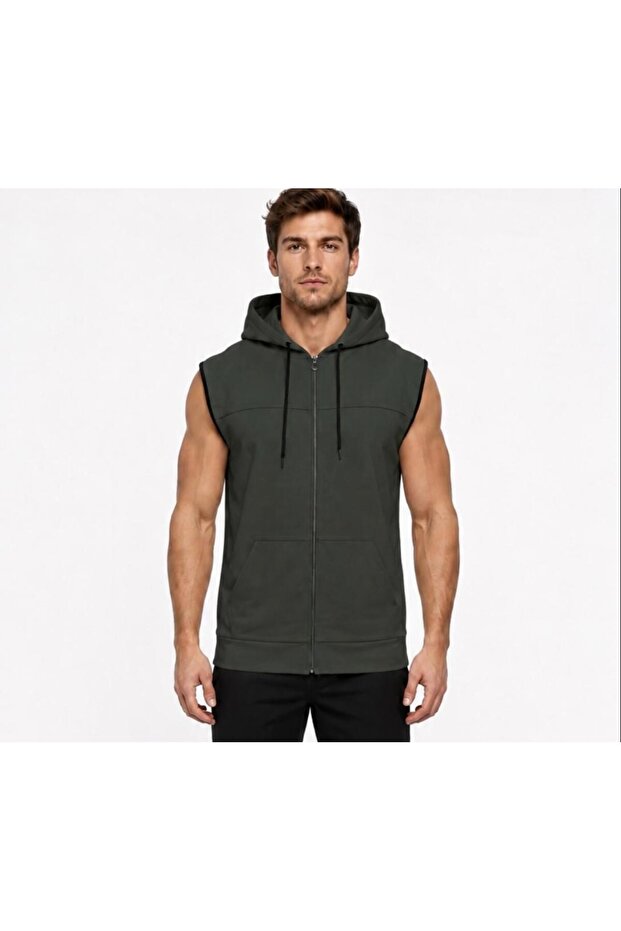 Men's Bitter Green Zippered Hooded Kangaroo Pocket Sleeveless Interlock Vest-Y1142