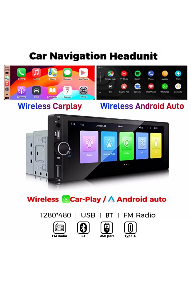 Wireless CP AA ANYFAR 6.86" 1280*480 1 Din MP5 Player Car Radio Wireless Carplay Android Auto Multim