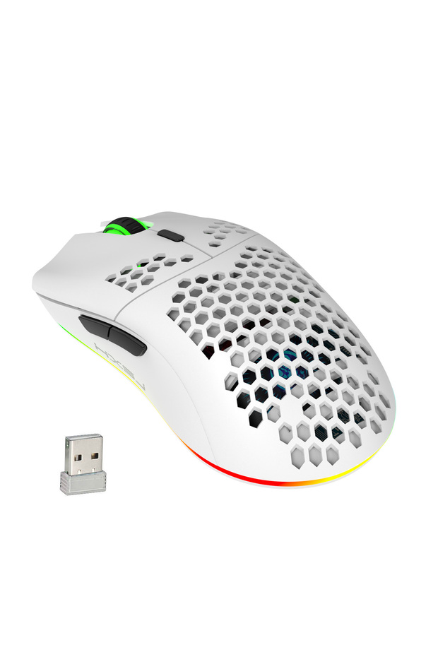 WHITE Wireless Mouse 2.4G with Built-in Rechargeable Battery, RGB Lighting, Honeycomb Design, Plug-a